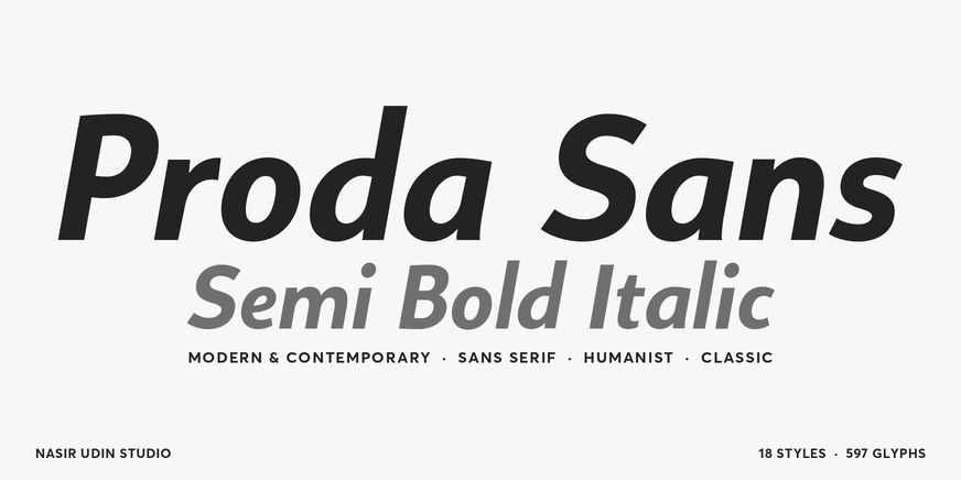 Proda Sans Semi Bold Italic font specimen