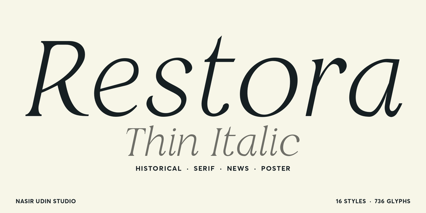 Restora Thin Italic font specimen